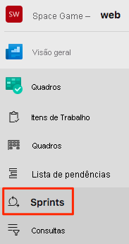 Captura de tela do Azure DevOps que mostra a localização do menu Sprints.