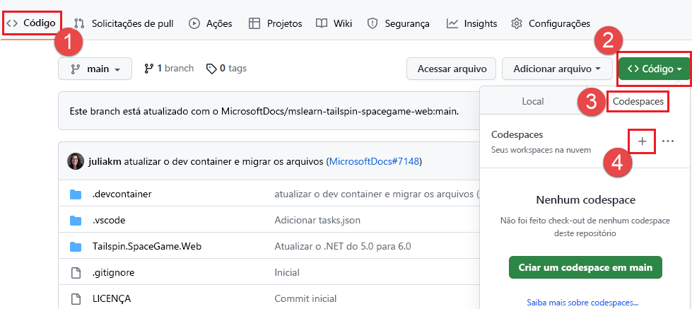 Captura de tela da criação de um novo Codespace com opções. 