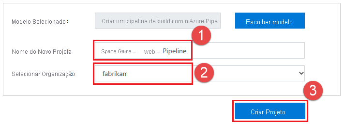 Captura de tela da criação de um projeto por meio do Gerador de Demonstração do Azure DevOps.