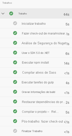 Captura de tela do Azure Pipelines mostrando a lista completa de tarefas de build.