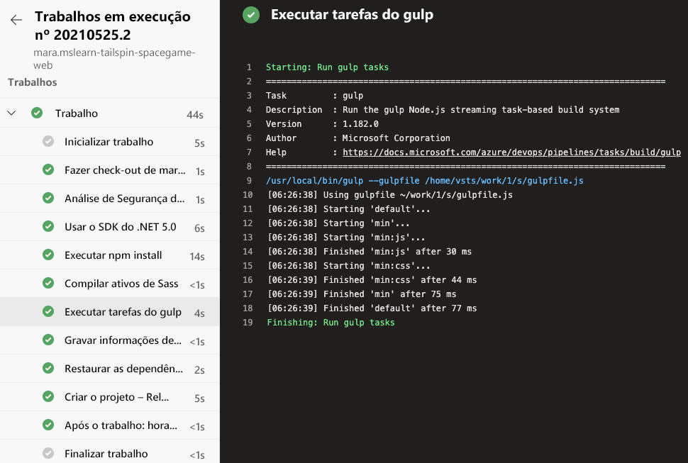 Captura de tela do Azure Pipelines mostrando a lista completa de tarefas de build. A tarefa Executar gulp está selecionada.