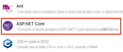 Captura de tela da localização do ASP.NET Core na lista de tipos de aplicativo fornecidos.