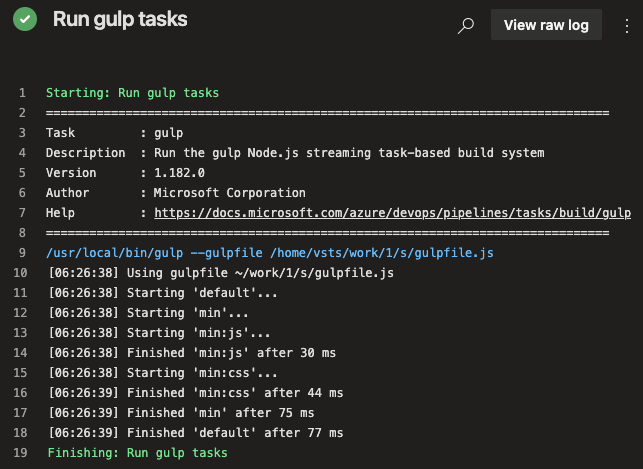 Captura de tela do rastreamento das tarefas do gulp no Azure Pipelines.