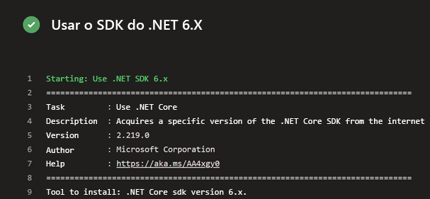 Captura de tela do Azure Pipelines mostrando a tarefa do SDK do .NET em execução no pipeline.