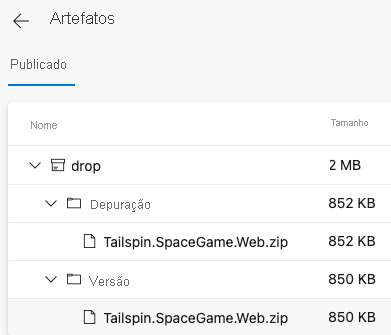 Captura de tela do Azure Pipelines mostrando o aplicativo empacotado para as configurações de Depuração e Lançamento.