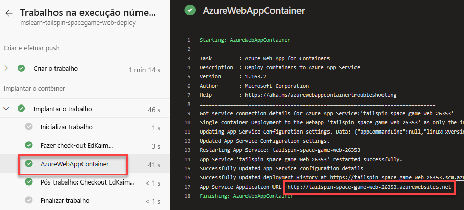 Screenshot of Azure Pipelines showing the location of the website URL.