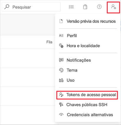 A screenshot of Azure DevOps showing the location of the Personal access tokens menu item.