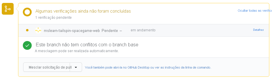 Captura de tela do GitHub que mostra as verificações de build em execução no Azure Pipelines.