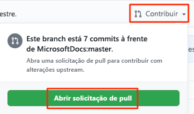 Captura de tela do GitHub que mostra a localização do botão Abrir solicitação de pull.