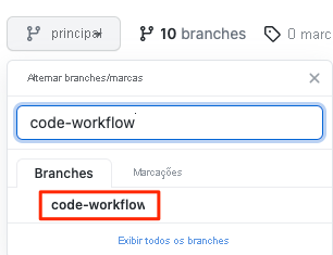 Captura de tela do GitHub que mostra como selecionar o branch no menu suspenso.