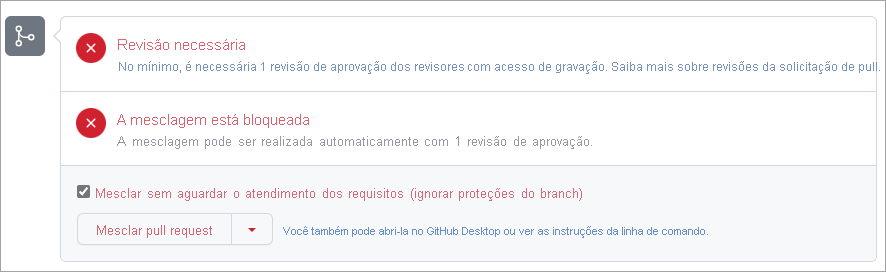 Captura de tela de uma solicitação de pull no GitHub que mostra que uma revisão é necessária para a mesclagem.