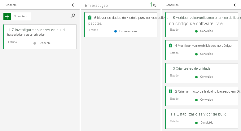 Captura de tela do Azure Boards mostra o cartão na coluna Doing.