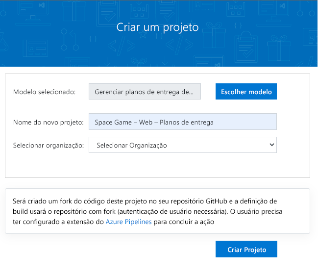 Captura de tela da criação de um projeto por meio do Gerador de Demonstração do Azure DevOps.