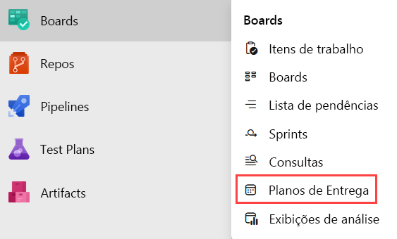 Captura de tela da opção de planos de entrega no menu suspenso.