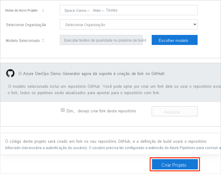 Captura de tela da tela Criar Projeto do Azure DevOps Demo Generator com o botão Criar Projeto realçado.