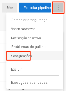 Captura de tela do Azure Pipelines mostra a localização do menu Configurações.