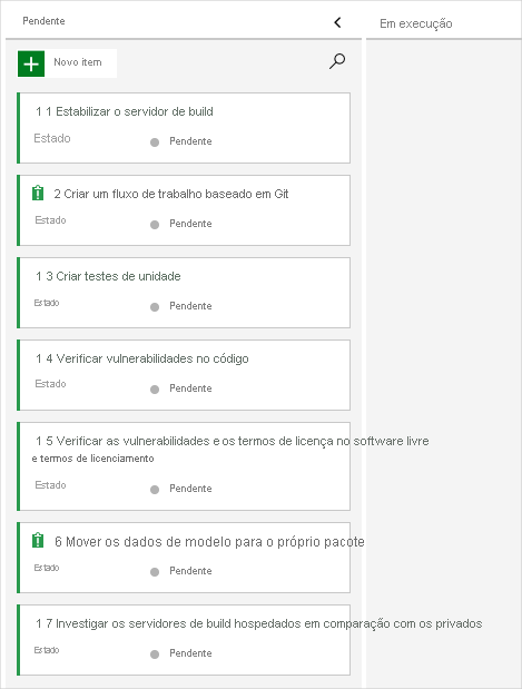 Captura de tela do Azure Boards mostrando uma lista de pendências de problemas.