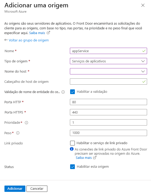 Screenshot of adding an App service origin setting in an origin group.