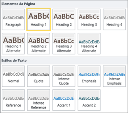 Captura de tela dos Elementos de Página e Estilos de Texto disponíveis no grupo Estilos na faixa de opções do SharePoint Online.