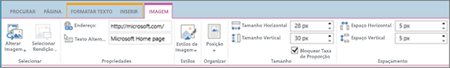 Captura de tela de uma seção da faixa de opções do SharePoint Online com a guia Imagem selecionada e as seleções disponíveis nos grupos Selecionar, Propriedades, Estilos, Organizar, Tamanho e Espaçamento.