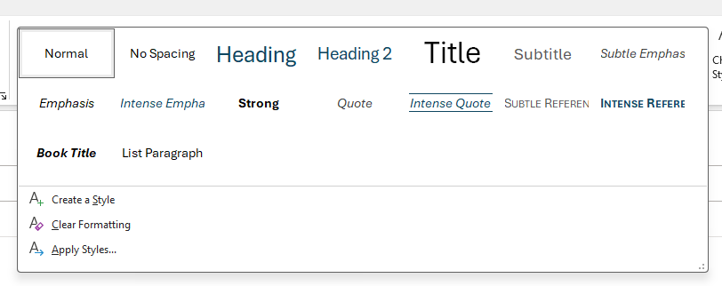 Captura de tela do menu suspenso Estilos no Outlook.