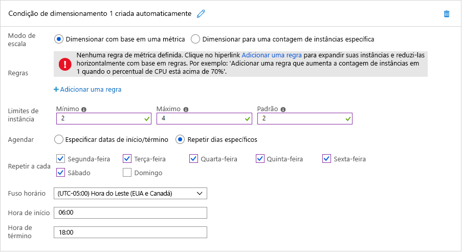 Figura 7: Dimensionamento automático agendado no Azure.