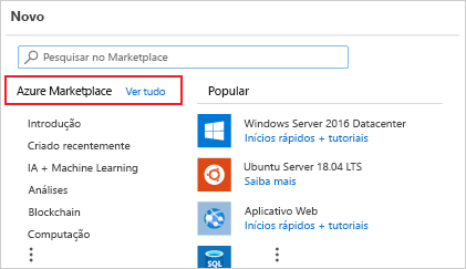 Captura de tela da nova página de recursos do portal do Azure com o Azure Marketplace.