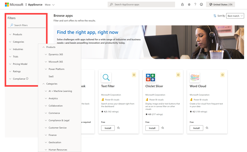 Captura de tela da página de destino dos aplicativos do Microsoft AppSource com ênfase nas categorias e nos filtros de aplicativo.