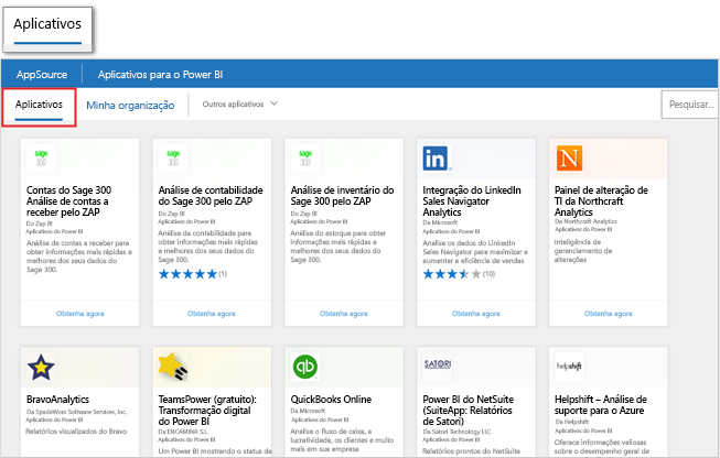 Captura de tela de produtos do Microsoft AppSource da página Obter aplicativos dentro do produto no Power BI.