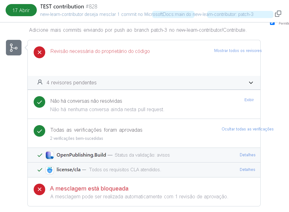 Captura de tela do PR criado durante o exercício mostrando duas verificações de validação aprovadas.