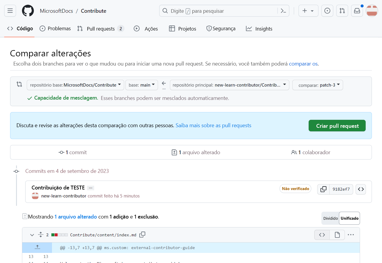 Captura de tela da página para verificar se a Base é Principal, o que significa que as alterações serão mescladas para a ramificação principal.