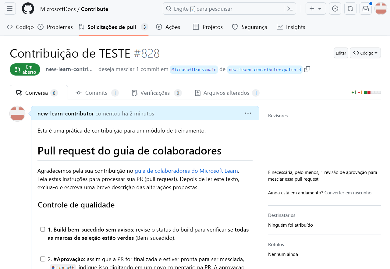 Captura de tela da PR aberta.