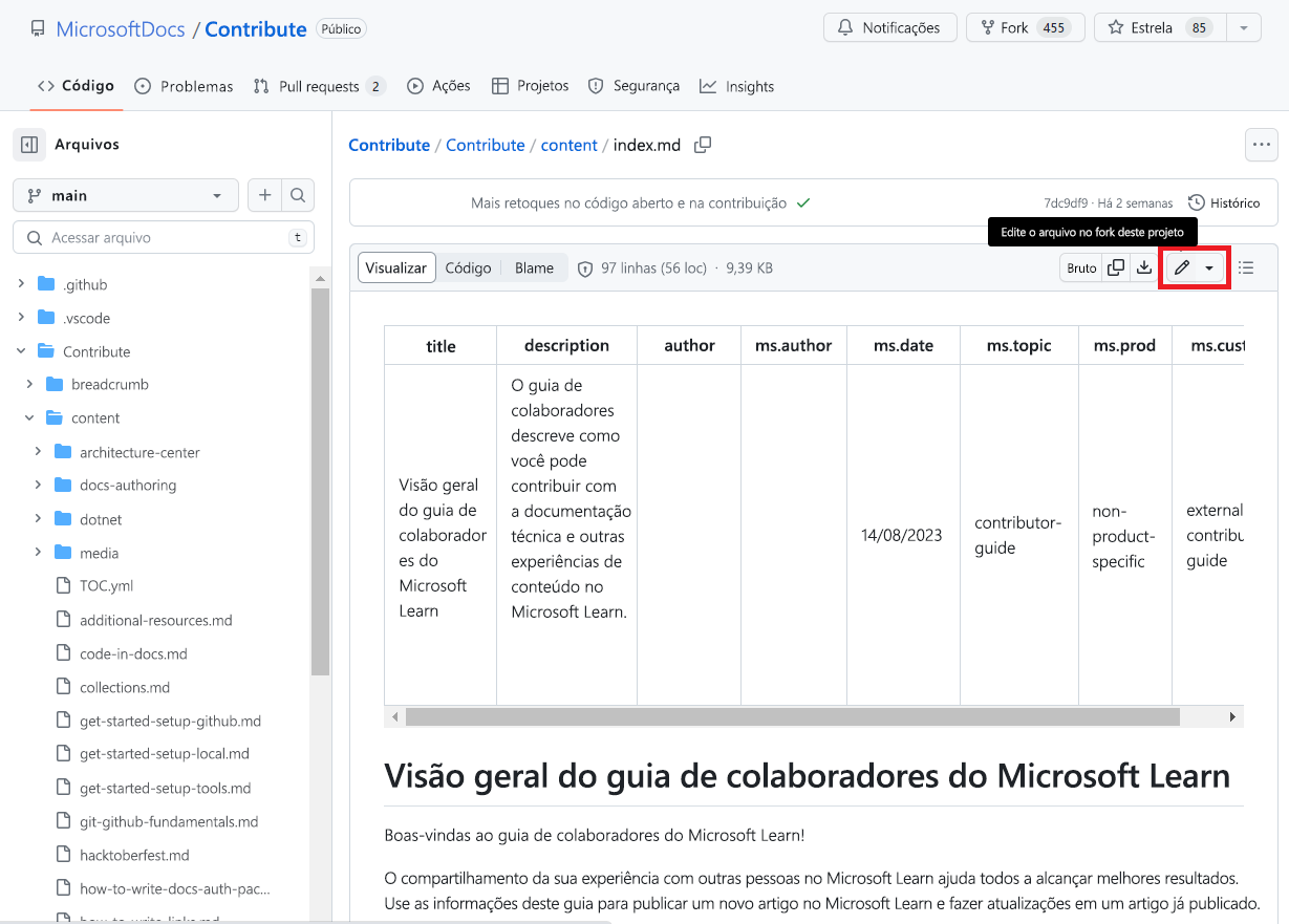 Captura de tela do arquivo fonte do artigo para Contribuição aberto em um navegador com o ícone de Edição realçado.