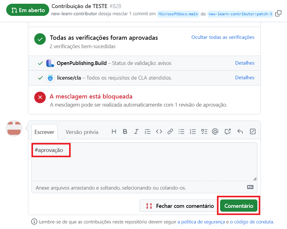 Captura de tela do campo de comentário com #sign-off e o botão Comentar destacado.