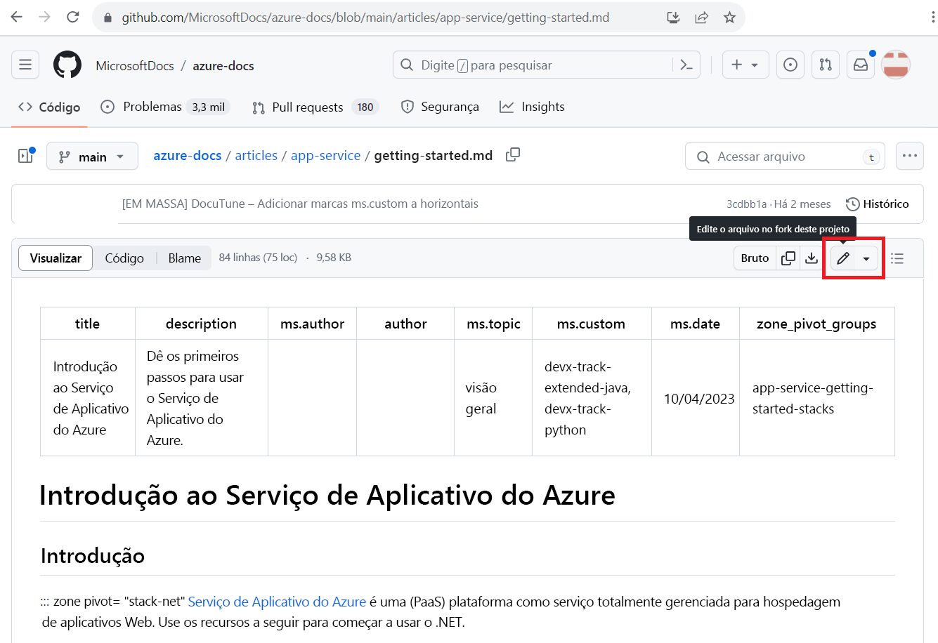 Captura de tela do arquivo de origem do GitHub para um artigo de documentação. O ícone Editar lápis de arquivo está realçado.