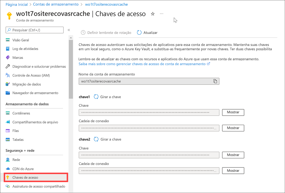 Captura de tela que mostra as chaves de acesso no portal do Azure.