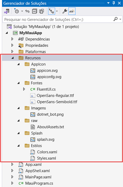 Uma captura de tela da pasta de recursos no projeto principal com um retângulo ao redor dela no explorador de soluções do Visual Studio. A pasta contém arquivos de fontes e imagens.