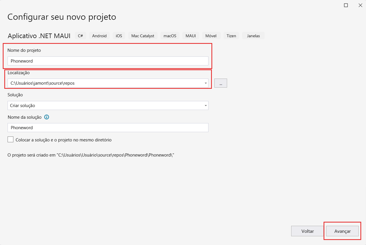 Uma captura de tela da caixa de diálogo Configurar seu novo projeto. O usuário nomeia o projeto Phoneword e seleciona um local no disco rígido dele para armazená-lo.