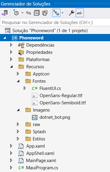 Captura de tela do projeto Phoneword na janela do Gerenciador de Soluções do Visual Studio.