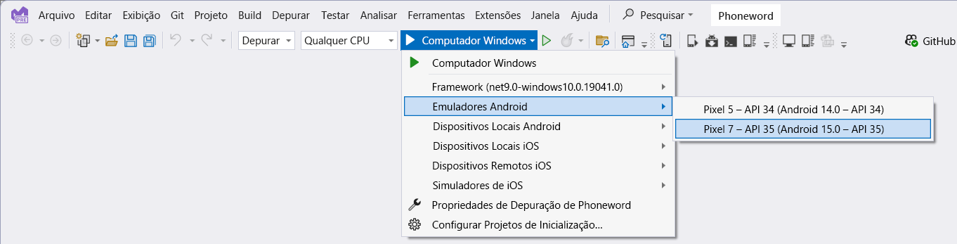 Uma captura de tela da caixa de diálogo do Visual Studio. O usuário especificou o perfil Pixel 3 com a API 30 como o emulador do Android para iniciar a depuração.