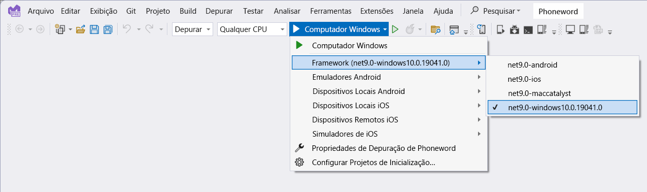 Uma captura de tela da lista suspensa de runtime de destino no Visual Studio. O usuário define o perfil do Computador Windows como o perfil de inicialização da solução.