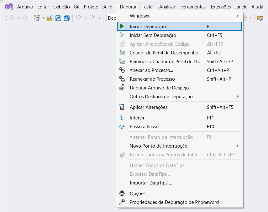 Uma captura de tela do menu de depuração do Visual Studio. O usuário está depurando o aplicativo usando o perfil Computador Windows.