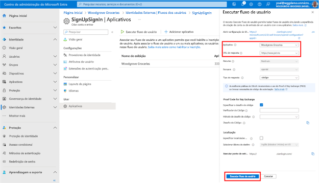 Captura de tela do painel Executar fluxo do usuário que se abre à direita, com os campos Aplicativo e URL de resposta destacados. Na parte inferior, um botão chamado Executar fluxo do usuário também é destacado.