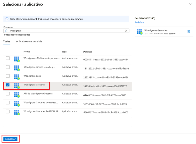Captura de tela do painel Selecionar aplicativo que se abre à direita e realça um aplicativo selecionado intitulado Woodgrove Groceries. O botão intitulado Selecionar na parte inferior está realçado.