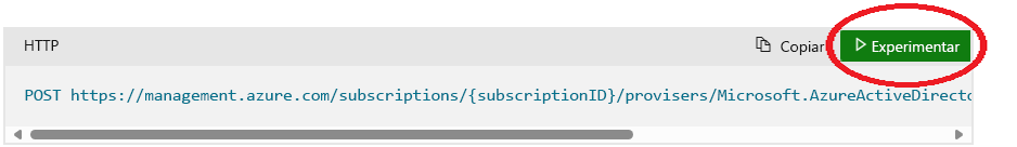 Captura de tela do botão intitulado Experimentar destacado no lado direito do cabeçalho do código de solicitação HTTP. A solicitação HTTP verifica a disponibilidade e a validade de um nome de domínio para o locatário.