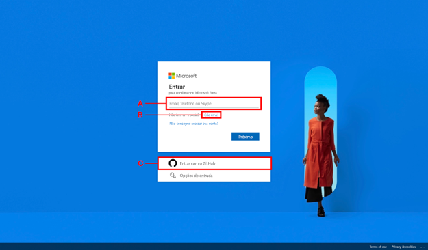 Captura de tela de Entrar para continuar no Microsoft Entra, rotulada com três retângulos e um raio que se estende de cada retângulo especificando A, B e C.