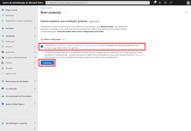 Captura de tela da caixa de seleção para concordar com o Contrato de Cliente da Microsoft e a Política de Privacidade marcada e o botão Continuar realçado com caixas vermelhas.