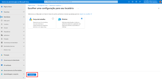 Captura de tela de Escolher uma configuração para seu locatário. O grupo de escolha externa está selecionado.
