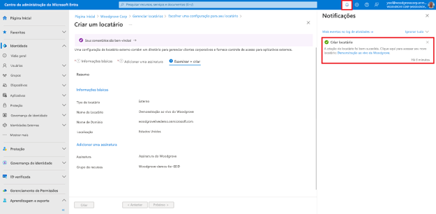 Captura de tela do painel Notificações aberto à direita com o log de atividades mais recente intitulado Criar locatário confirmando que a criação do locatário foi bem-sucedida.