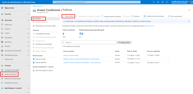Captura de tela da folha Acesso Condicional com navegação à esquerda realçando políticas e botão intitulado Nova política na barra de ferramentas realçada.